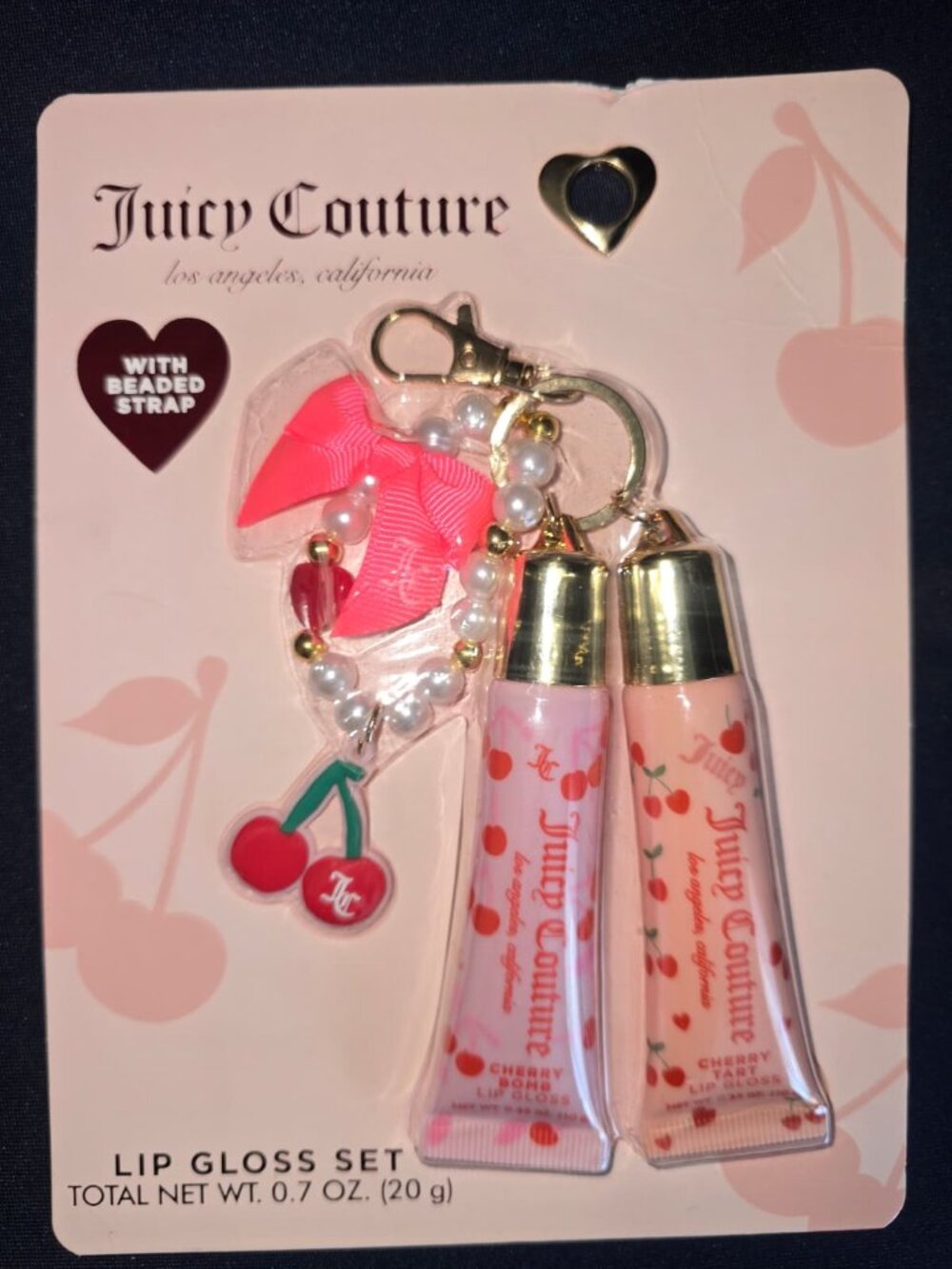 Juicy Couture Lip Gloss Set Cherry Bomb Tart w/ Keychain Beaded Strap NWT